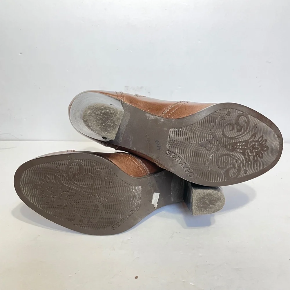 Brown leather Heeled Boots 7.5 Sebago Buckle Ankle Stacked Heel Ashton Cognac